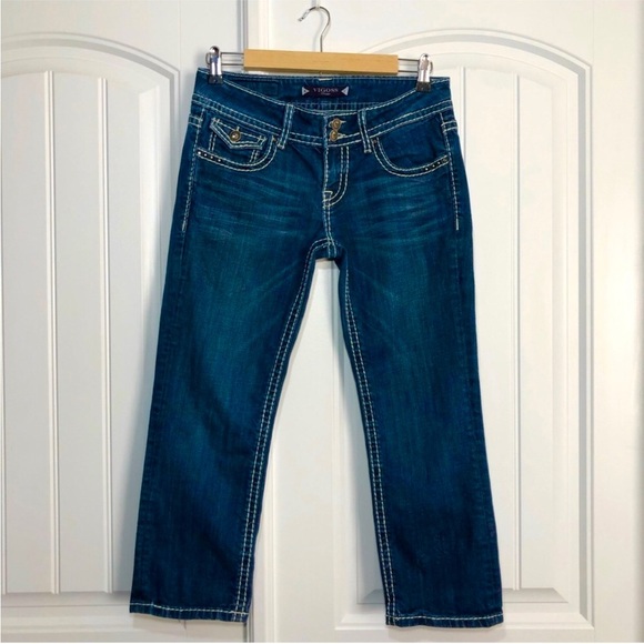 Vigoss Tick Stitch Ring-stone button flap embellished back Pocket Capri Jeans 28 - Picture 2 of 16
